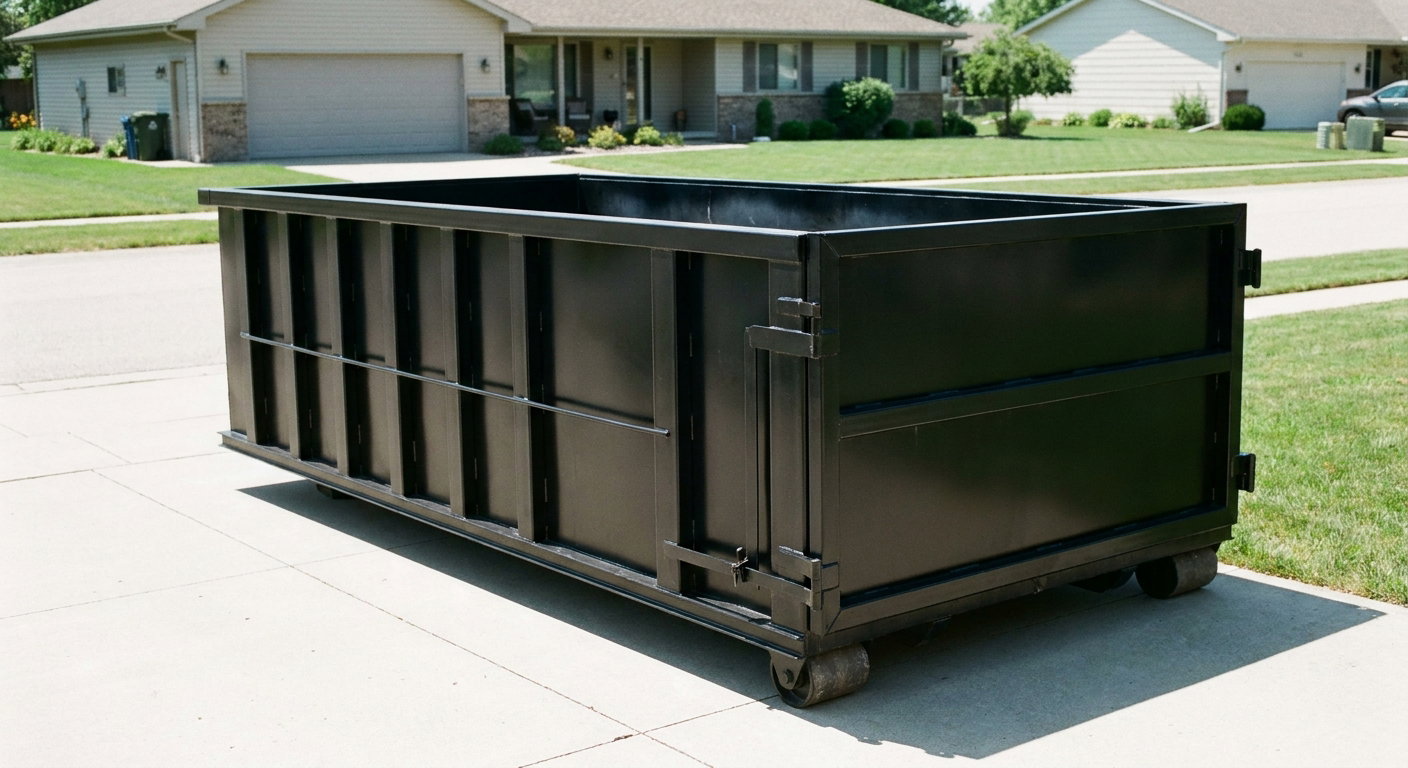 Matte-black 10-yard roll-off dumpster on a residential concrete driveway in Apple Valley, uniformly painted matte black across every panel and rail, ribbed steel sidewalls and rear swing door visible, mid-day daylight.