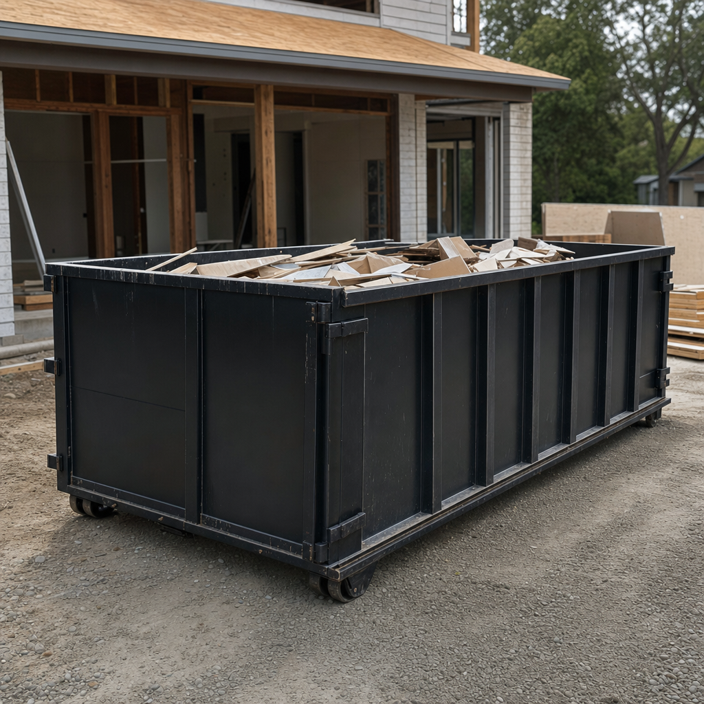 Large matte-black 30-yard construction roll-off dumpster at an active Apple Valley jobsite, steel-gray top rails and bottom rollers visible, loaded with construction debris.