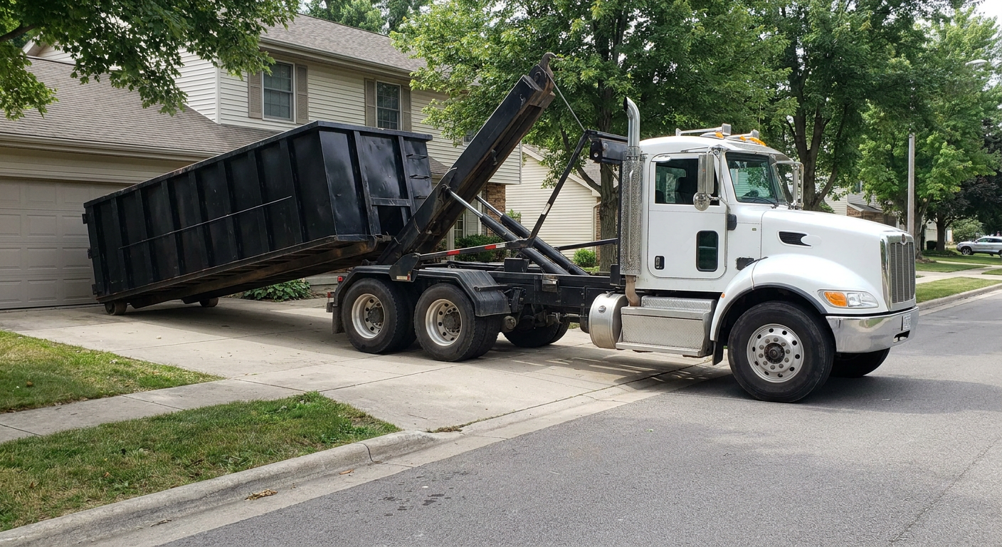 White-cab hooklift roll-off truck actively lowering a matte-black dumpster onto a Apple Valley residential concrete driveway, the dumpster's rear wheels touching the driveway as the hoist arm tilts the bed forward, mid-morning daylight.